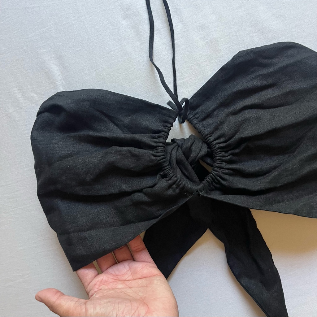 Trois The Label Black Linen Cutout Tie Halter Neck Strapless Crop Top — image 2 of 5
